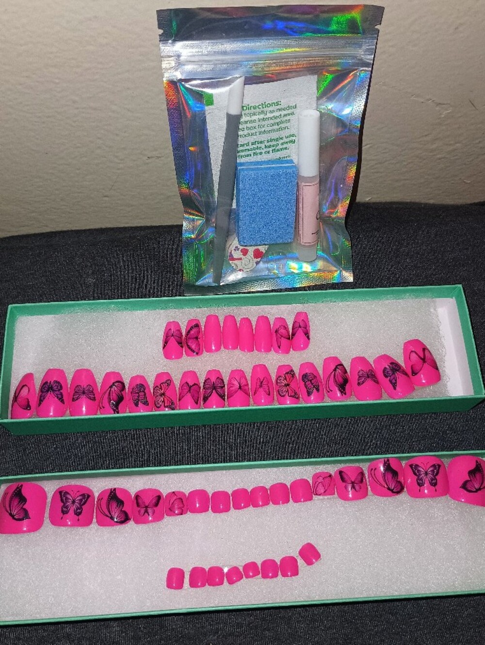 New Pink w/ Butterfly Design Press-On Nails Set Fingers (24) and Toes (24)